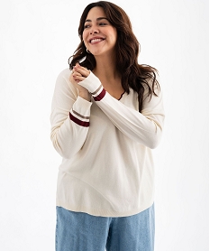 pull en maille fine a col v fantaisie contrastant femme blanc chine pullsG476401_2