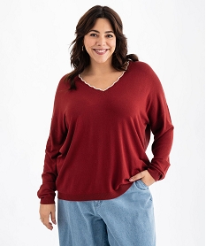 GEMO Pull en maille fine à col V fantaisie contrastant femme rouge vif