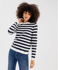 GEMO Pull rayé en coton en maille ajourée femme - LuluCastagnette blanc chine