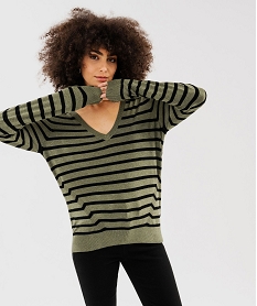 GEMO Pull rayé à col V avec boutons aux poignets femme kaki standard