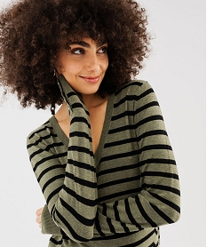 pull raye a col v avec boutons aux poignets femme kaki standard pullsG476901_2