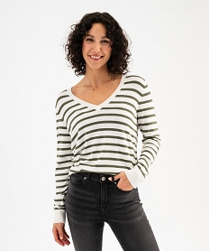 GEMO Pull rayé à col V avec boutons aux poignets femme Vert