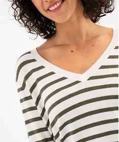 pull raye a col v avec boutons aux poignets femme vert pullsG477001_2