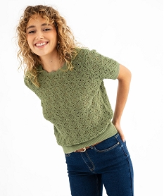 GEMO Pull manches courtes en maille ajourée à col rond femme kaki standard