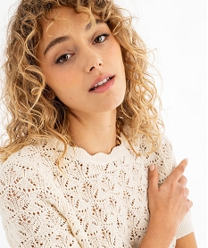 pull manches courtes en maille ajouree a col rond femme blanc chine pullsG477501_2