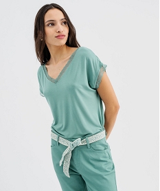 GEMO Tee-shirt à manches courtes et col V en dentelle coupe loose femme vert standard