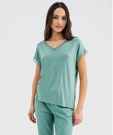 tee-shirt a manches courtes et col v en dentelle coupe loose femme vert standard t-shirts manches courtesG480401_2
