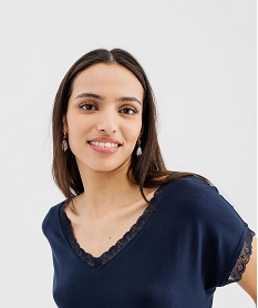 tee-shirt a manches courtes et col v en dentelle coupe loose femme navy t-shirts manches courtesG480601_2