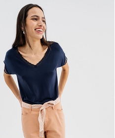 tee-shirt a manches courtes et col v en dentelle coupe loose femme navy t-shirts manches courtesG480601_4