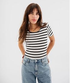 GEMO Body à manches courtes rayé en maille côtelée femme Blanc