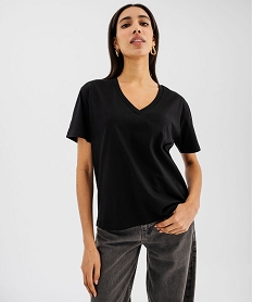 GEMO Tee-shirt manches courtes col V uni en coton femme noir standard