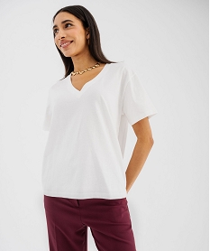 GEMO Tee-shirt manches courtes col V uni en coton femme blanc standard