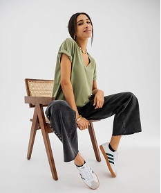 tee-shirt manches courtes col v uni en coton femme kaki standard t-shirts manches courtesG485501_4