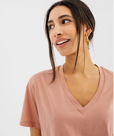 GEMO Tee-shirt manches courtes col V uni en coton femme rose standard