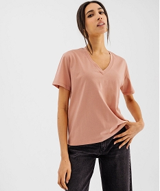 tee-shirt manches courtes col v uni en coton femme rose standard t-shirts manches courtesG485601_2