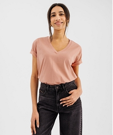 tee-shirt manches courtes col v uni en coton femme rose standard t-shirts manches courtesG485601_4