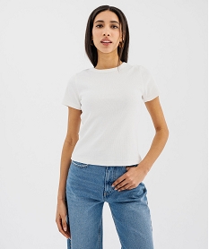 GEMO Tee-shirt manches courtes et col rond en maille côtelée femme blanc chine