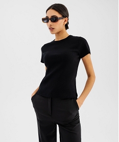 GEMO Tee-shirt manches courtes et col rond en maille côtelée femme noir standard