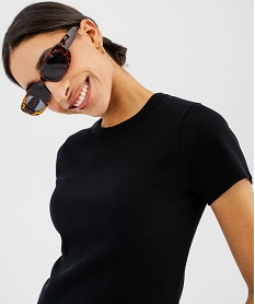 tee-shirt manches courtes et col rond en maille cotelee femme noir standard t-shirts manches courtesG486301_2