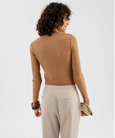 tee-shirt manches longues et col montant en maille ajouree femme marron standard t-shirts manches longuesG487401_3