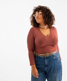 GEMO Tee-shirt manches longues en viscose stretch côtelée femme grande taille Rouge