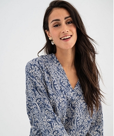 tee-shirt a manches longues et col v en maille texturee femme bleu t-shirts manches longuesG488801_2