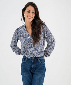 tee-shirt a manches longues et col v en maille texturee femme bleu t-shirts manches longuesG488801_4