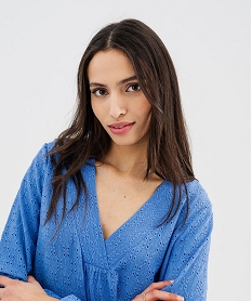 tee-shirt a manches longues et col v en maille ajouree femme bleu standard t-shirts manches longuesG489001_2