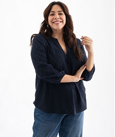 GEMO Blouse manches 34 en maille ajourée femme grande taille Bleu