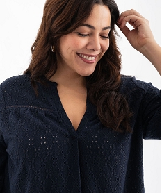 blouse manches 34 en maille ajouree femme grande taille bleu t-shirts manches longuesG489601_2