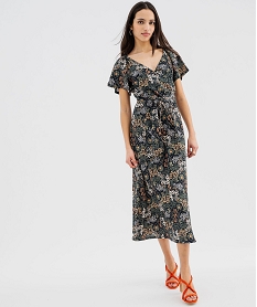 GEMO Robe longue en maille gaufrée à col cache-cœur femme imprime fleuri
