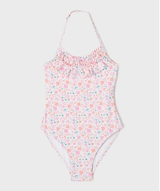 GEMO Maillot de bain 1 pièces tour de cou volants et fleurs fille blanc standard