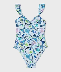 GEMO Maillot de bain 1 pièce fleuri à bretelles volantées fille bleu standard