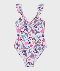 GEMO Maillot de bain 1 pièce fleuri à bretelles volantées fille blanc standard
