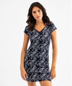 GEMO Chemise de nuit en maille extensible avec col V en dentelle femme Noir