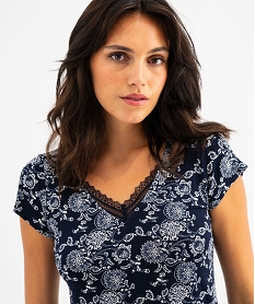chemise de nuit en maille extensible avec col v en dentelle femme bleu nuisettes chemises de nuitG573401_2