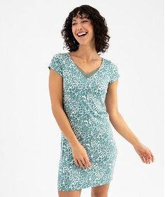 GEMO Chemise de nuit en maille extensible avec col V en dentelle femme Vert