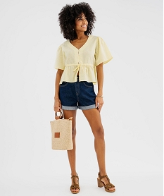 blouse manches courtes en seersucker a basque femme jaune standard blousesG680901_4