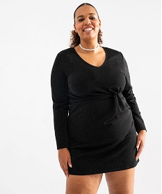 GEMO Robe courte à manches longues en maille pailletée femme grande taille noir standard