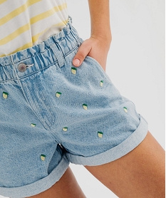 short en jean delave coupe ample et taille paper bag a motifs brodes femme bleu shortsG698001_2