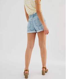 short en jean delave coupe ample et taille paper bag a motifs brodes femme bleu shortsG698001_3