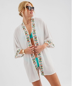 GEMO Kimono de plage en viscose fluide à motifs brodés femme Blanc