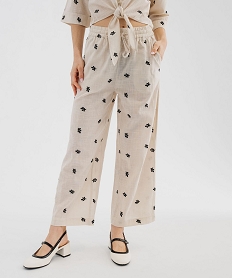 pantalon large en coton brodee a taille elastiquee imprime fleurs pantalonsG732201_2