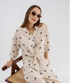 GEMO Blouse manches courtes brodée à nouer femme blanc chine