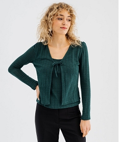 tee-shirt manches longues en maille effet 2 en 1 femme vert standard t-shirts manches longuesG742301_4