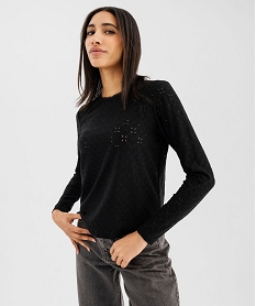 tee-shirt manches longues en maille extensible ajouree et dentelle femme noir standard t-shirts manches longuesG742401_4