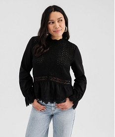 GEMO Pull ajouré avec manches chemise femme noir standard
