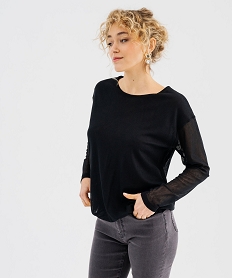 tee-shirt manches longues en maille resille femme noir standard t-shirts manches longuesG746901_4