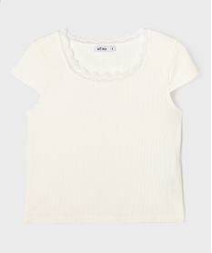 GEMO Tee-shirt manches courtes en maille côtelée avec col dentelle fille blanc chine