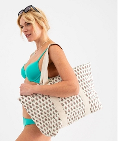 GEMO Sac cabas zippé grand format en toile fleurie femme Beige
